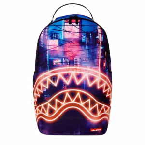 Sprayground Shibuya Late Nights Rugzak met neon stadsgezicht print.