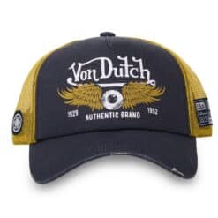 Von Dutch Crew Trucker Cap Dark Grey Yellow - Vintage pet met Flying Eyeball logo en gele mesh