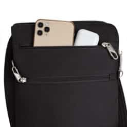 Gepatenteerde vergrendelbare ritsen op de Travelon Classic Slanke Crossbody Tas tegen zakkenrollers.